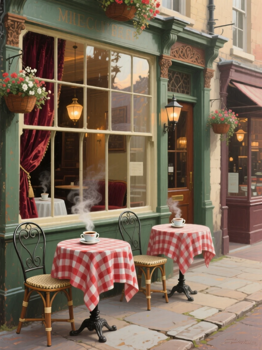 A centered composition of a small café with checkered tablecloths and steaming cups of coffee, in the Victorian era, in early morning light.