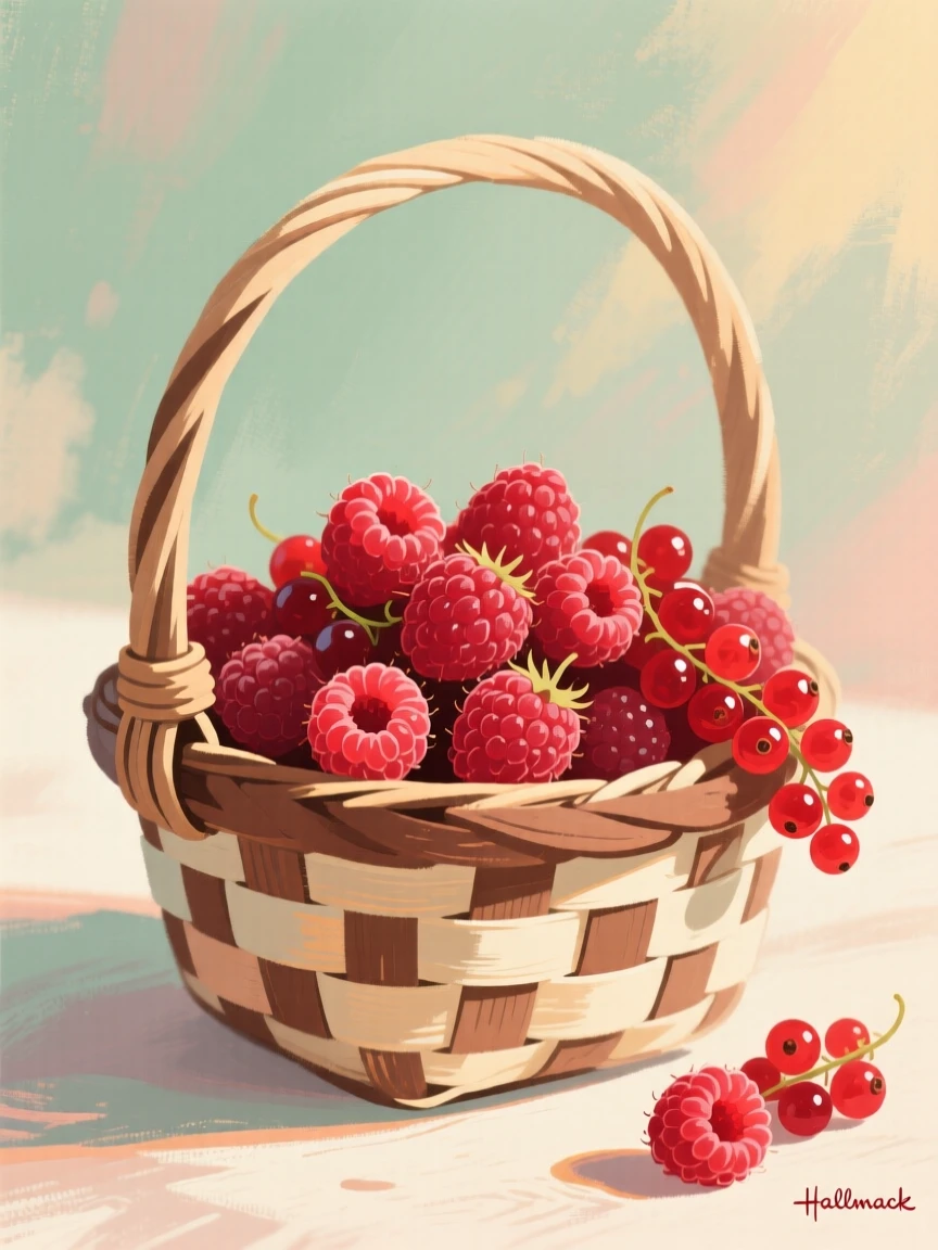 A basket overflowing with ripe raspberries and red currants