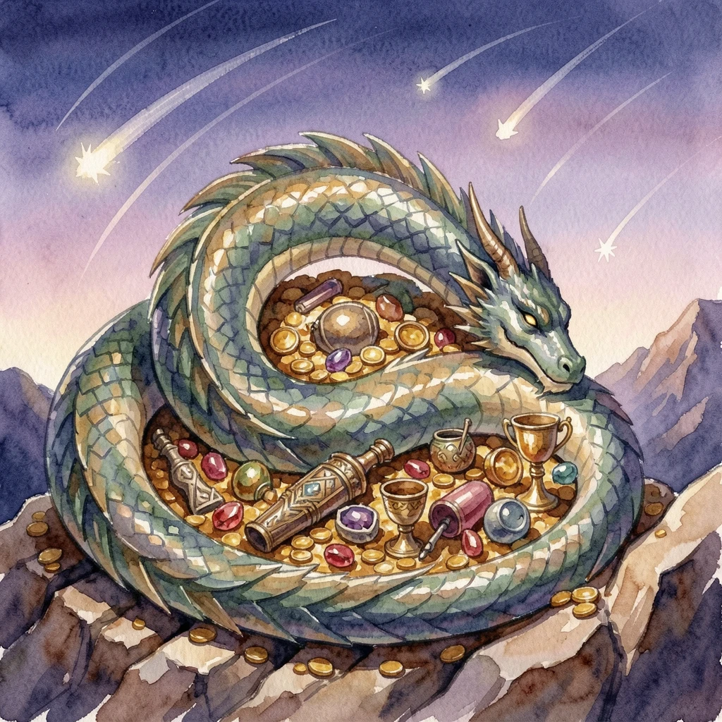A dragon curled asleep atop a mountain of treasure as shooting stars streak overhead.