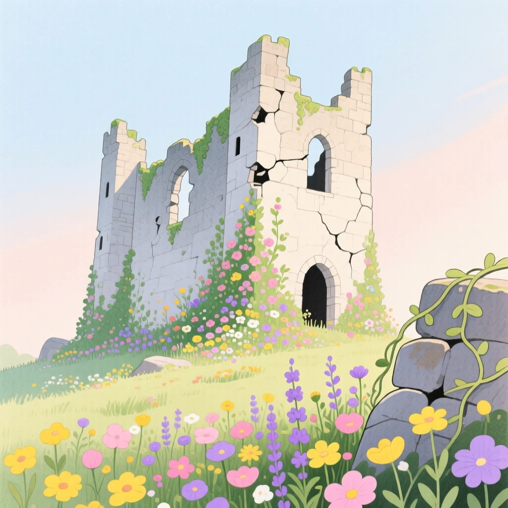 A wondrous view of a crumbling castle ruin overtaken by wildflowers.