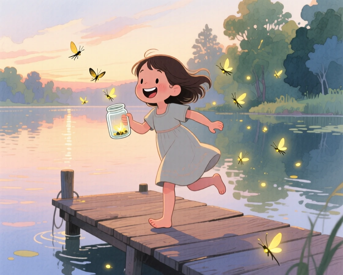 A young girl with a gap-toothed smile chasing fireflies at dusk with a glass jar, in a lakeside dock at early morning, brimming with carefree happiness.