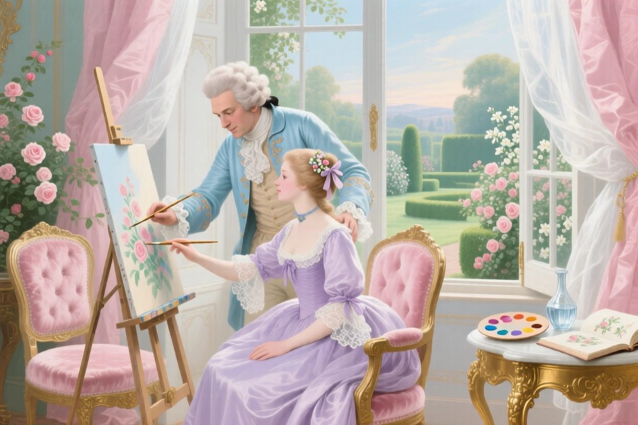 A gentleman teaching a lady to paint beside an open garden window  