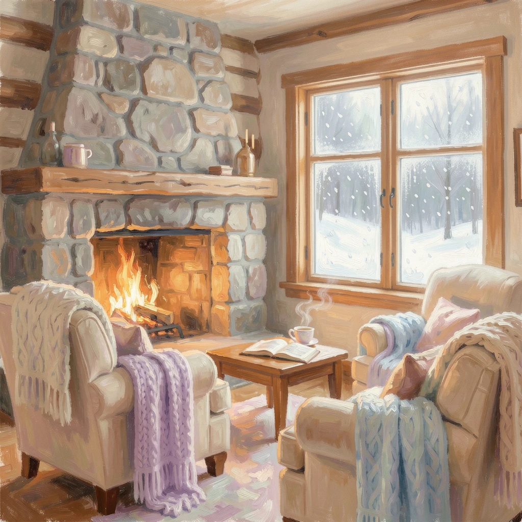 A cozy cabin living room with a stone fireplace, knitted blankets, and snow falling softly outside the window.