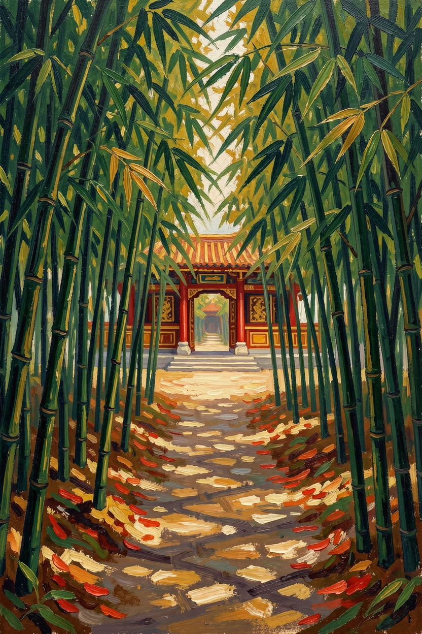 A tranquil bamboo grove path leading toward a distant temple gate.