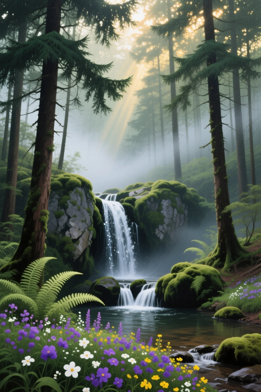 A misty pine forest in the Black Forest region reveals a hidden waterfall cascading over moss-covered rocks, ferns and wildflowers crowding its base, sunlight filtering weakly through the dense canopy above.