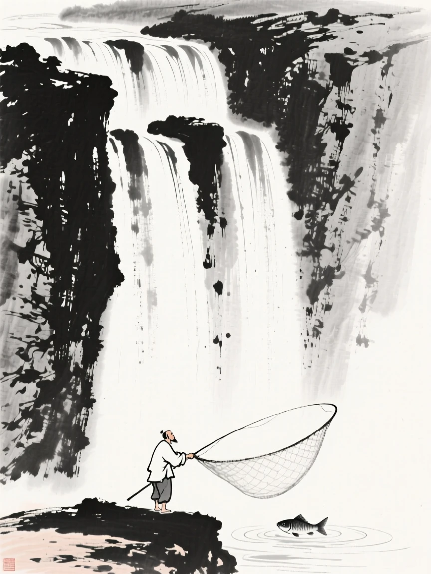 a series of cascading falls stepping down a cliff, with a fisherman casting a net from the shore.
