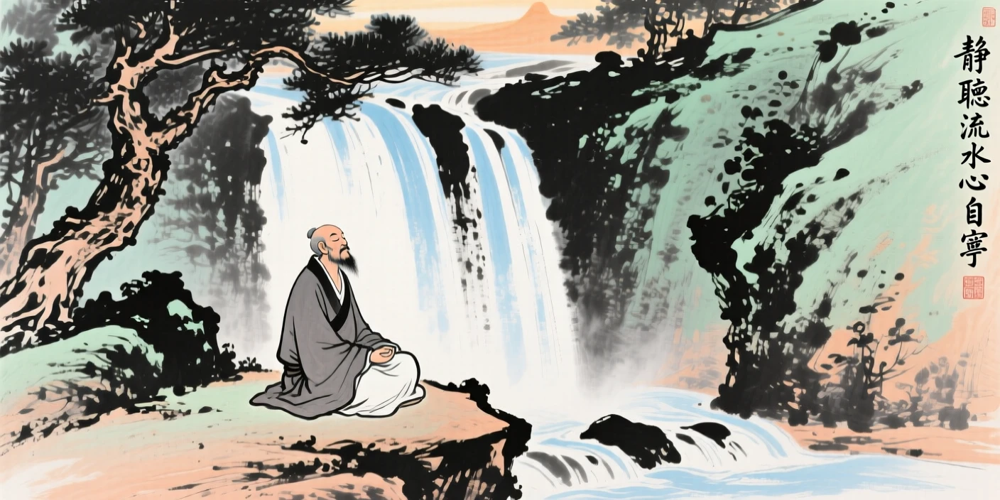 A hermit meditating quietly beside a mountain waterfall, in the soft light of late afternoon.