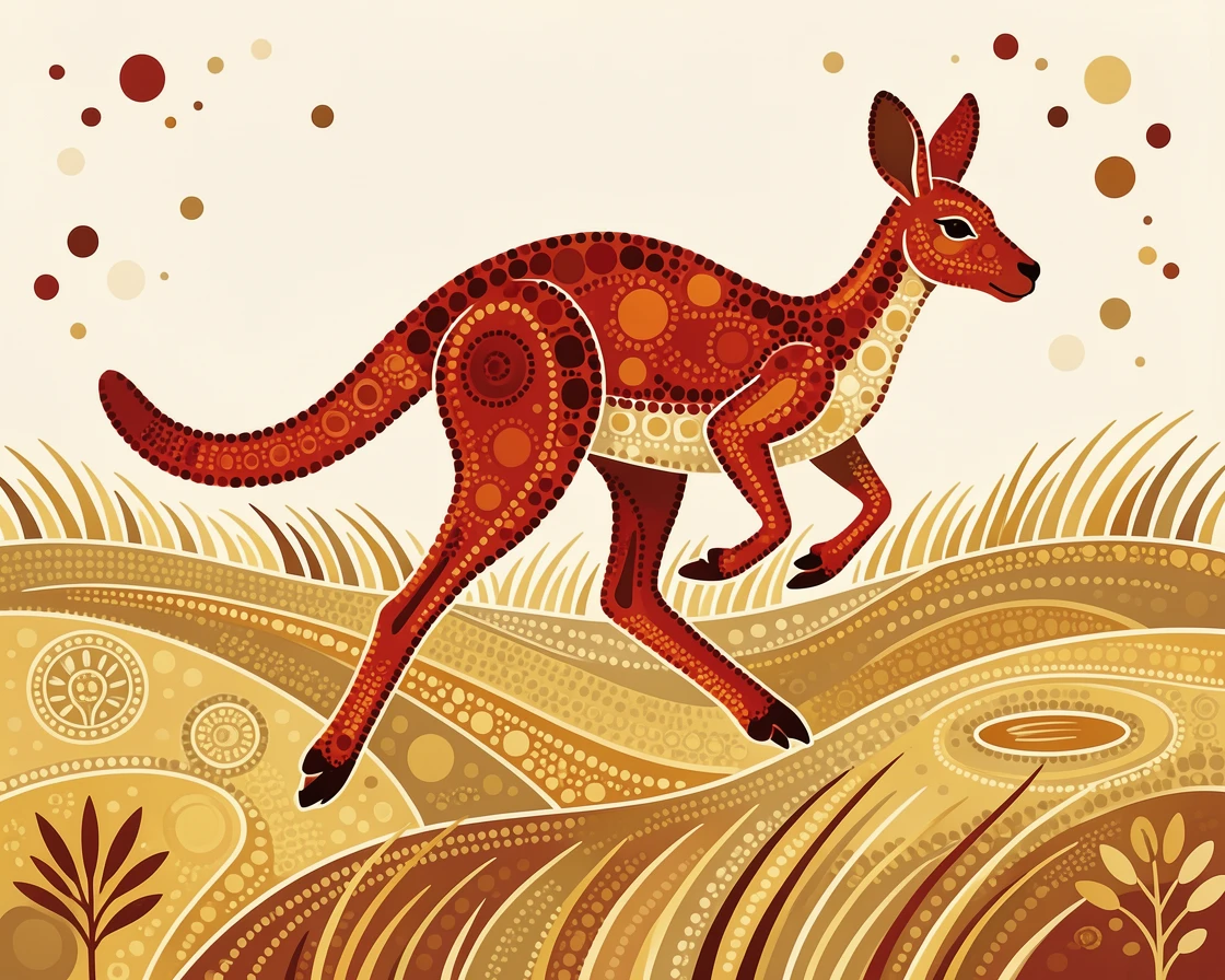 A red kangaroo bounding across a golden meadow