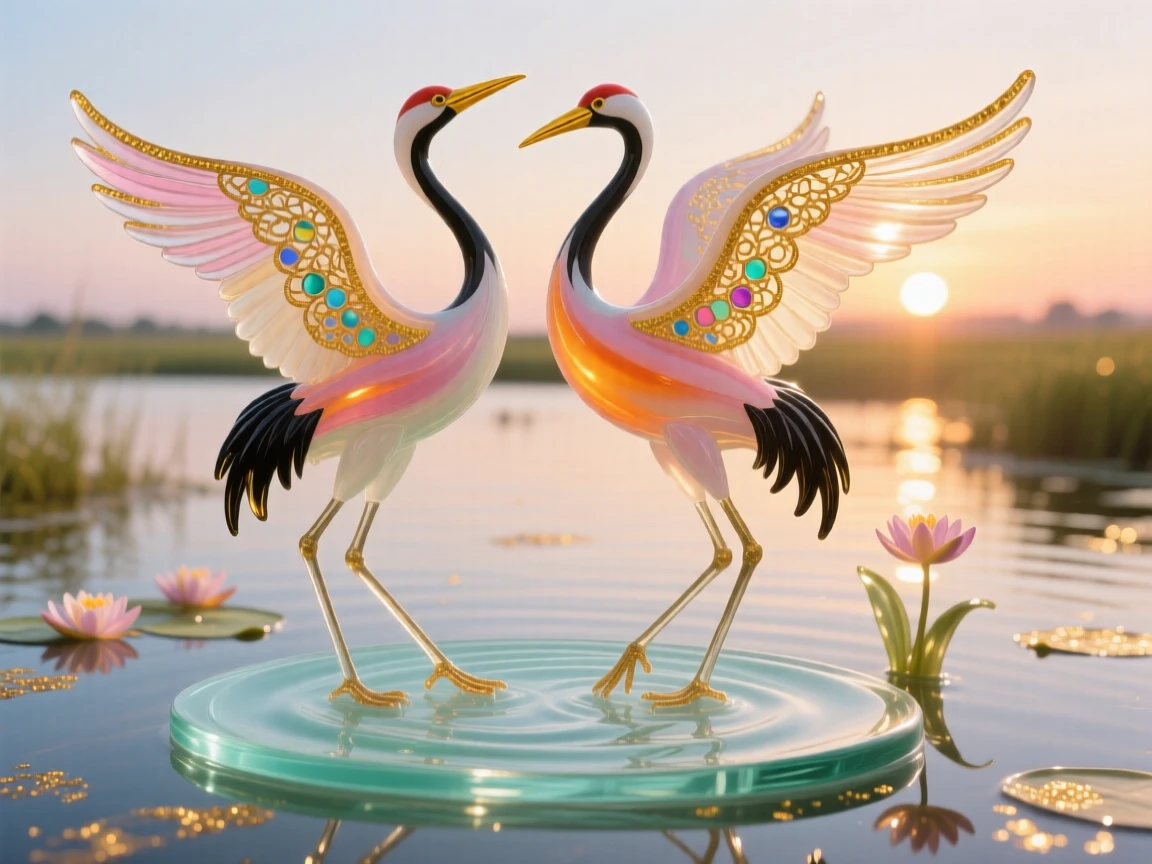 A pair of cranes dancing together in a shallow wetland at sunrise, elegant and symbolic of devotion.