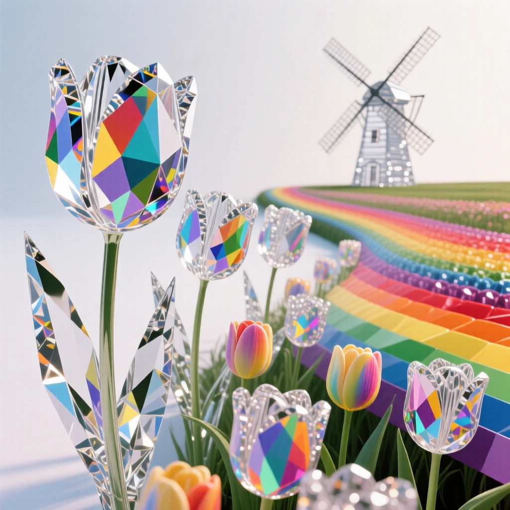 A field of tulips arranged in rainbow-colored stripes stretching to a distant windmill.