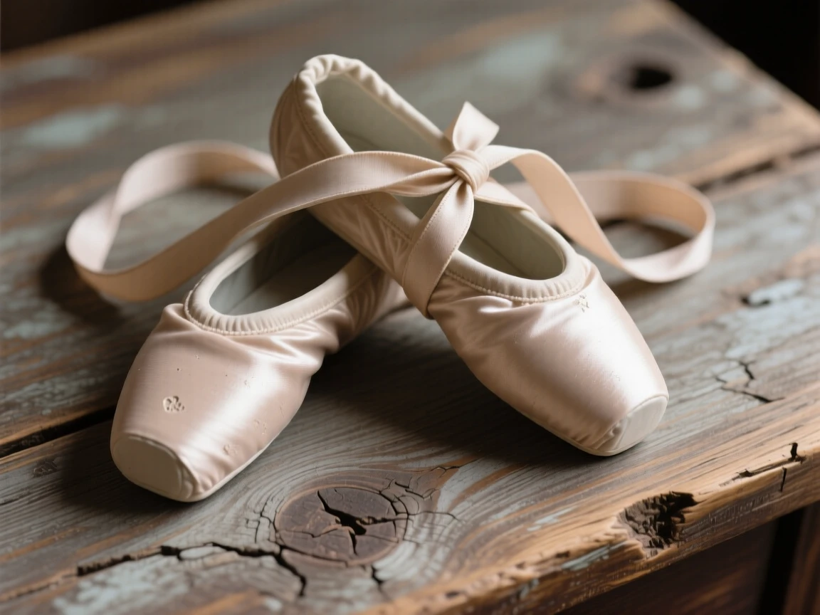 A pair of ballet shoes tied with ribbon resting delicately atop a weathered surface, its surface polished to a gentle sheen, conveying a cozy, storybook atmosphere.