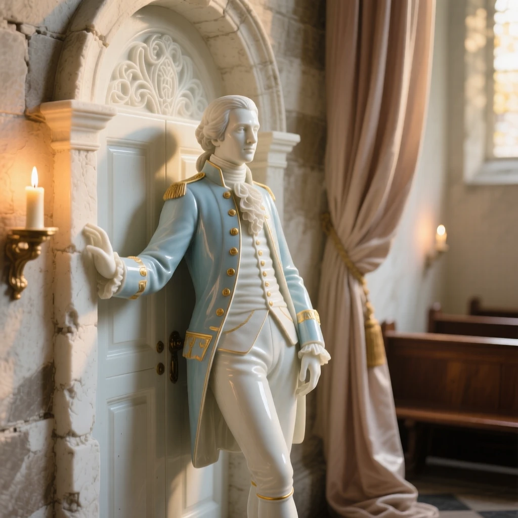 A noble sailor leaning against an ancient doorway in a candlelit chapel, the scene bathed in golden late-afternoon light.