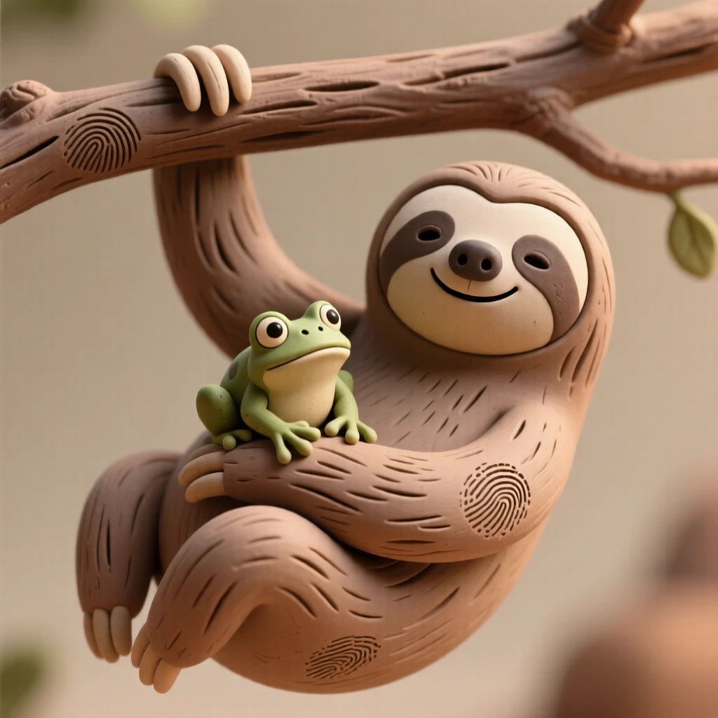 A sloth hanging peacefully from a branch, a tiny frog resting on its arm