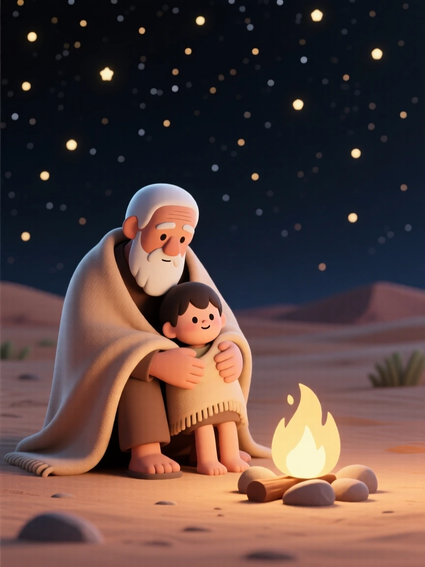 A wise Native elder wraps a warm blanket around a shivering child beside a glowing campfire under a starry desert sky.