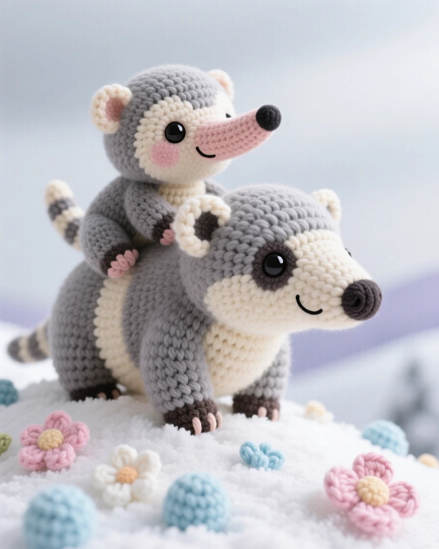 A heartwarming close-up of a baby anteater, with a long snout and fuzzy fur, riding on its mother's back in a snowy hillside under a pale winter sky; a scattering of soft flower petals completes the scene, radiating quiet contentment and gentle curiosity.