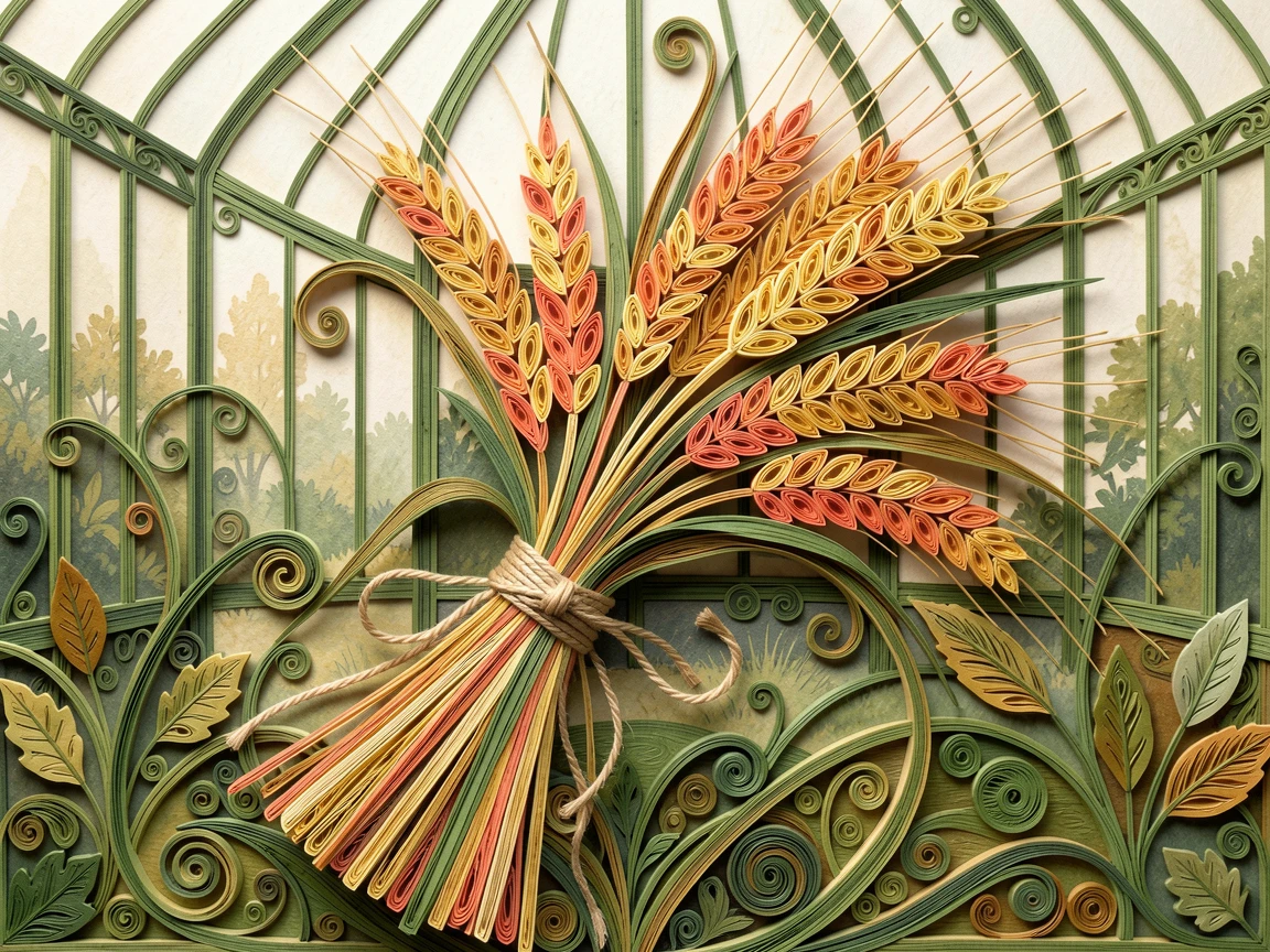 A serene botanical study of a bundle of autumn wheat tied with twine in a botanical garden conservatory, in a rich gradient of coral, gold, and green, arranged with a single stem as the clear focal point.