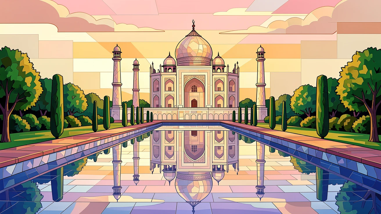 The Taj Mahal reflected in its still garden pool at sunrise.