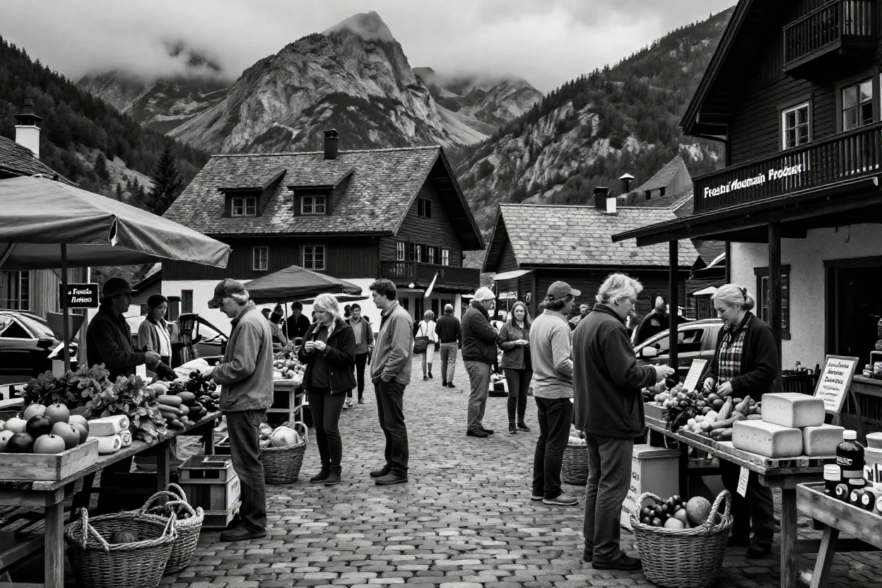 A quiet village square hosts a lively weekend farmers market in a small mountain village.