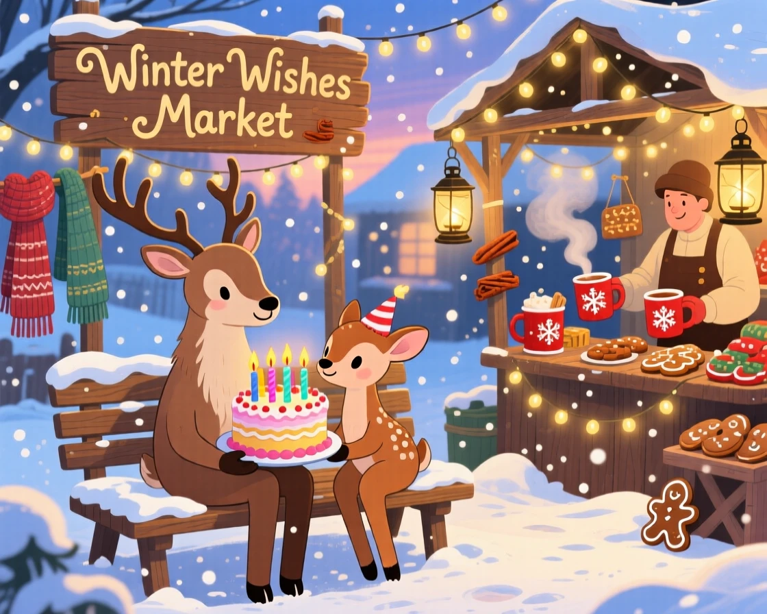 A reindeer and its fawn spend the evening making a wish while blowing out birthday candles in a sparkling winter market, as the scent of cinnamon fills the air.