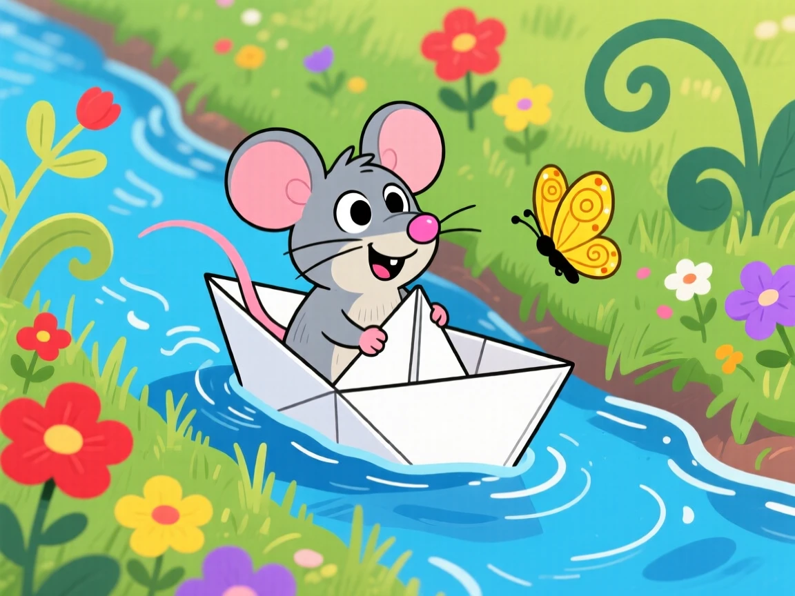 A tiny mouse riding a paper boat down a garden stream.