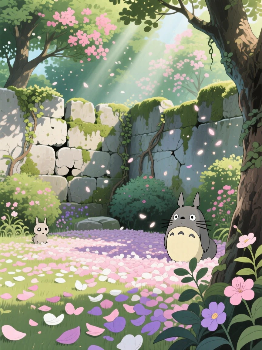 A hidden garden enclosed by a crumbling stone wall, a carpet of fallen petals covering the ground, creating a scene of quiet natural magic.