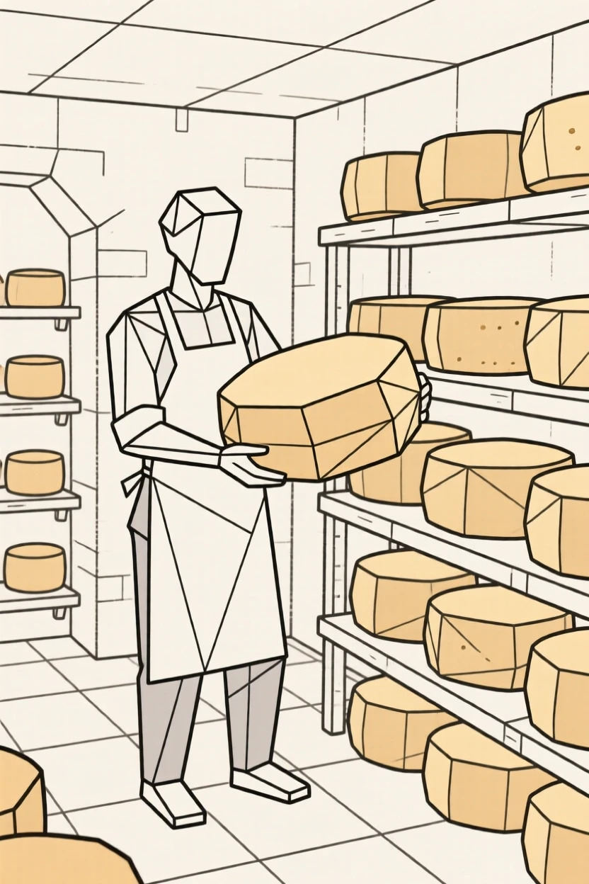 A cheesemaker aging wheels of cheese in a cellar