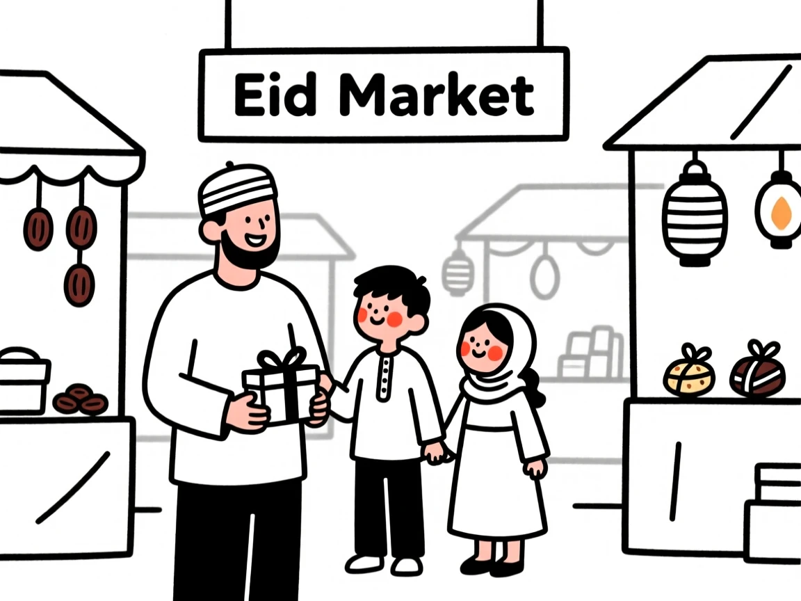 A father and his children celebrating Eid with family, in a bustling city market.