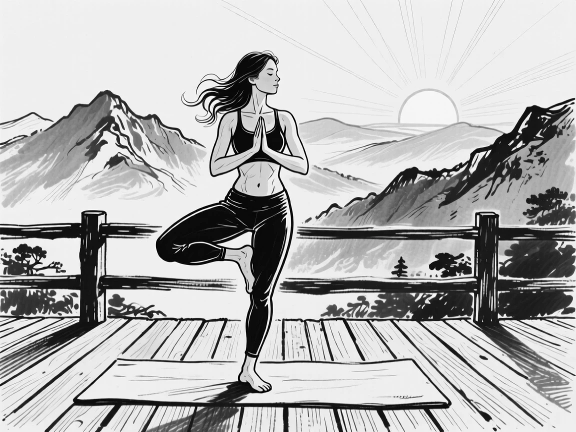 A woman practicing yoga on a wooden deck at sunrise, mountains visible in the distance.