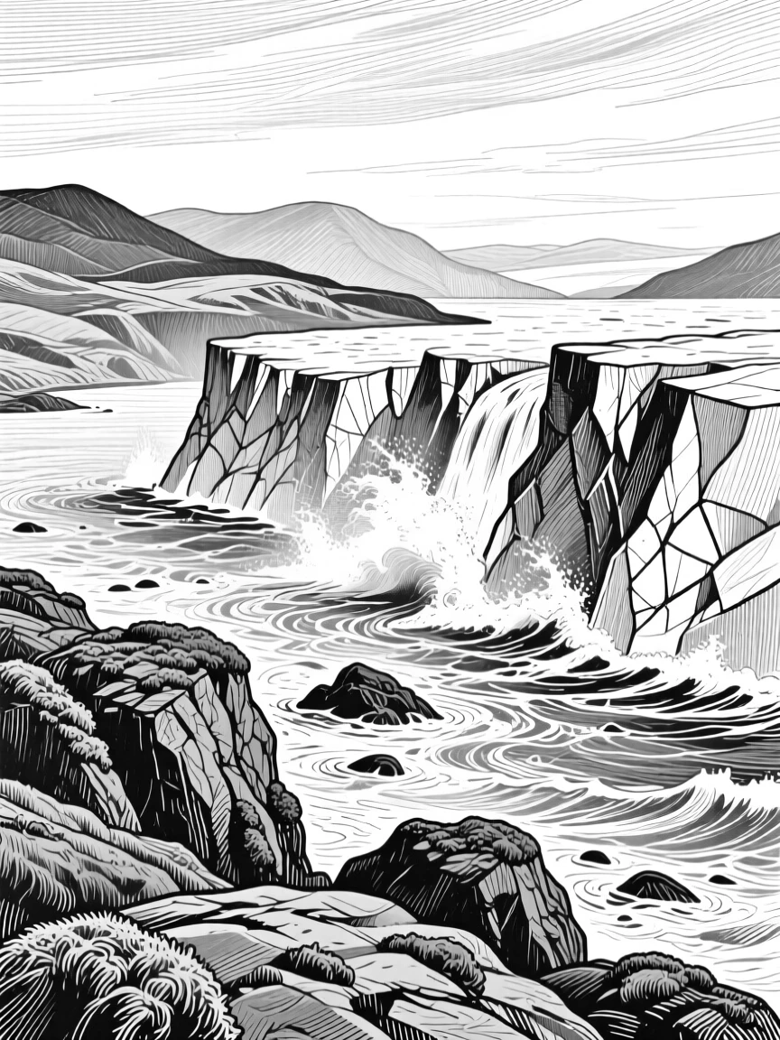 A glacier calving into the sea with layers of hills fading into the distance, with patches of moss clinging to weathered rock, evoking a windswept and dramatic atmosphere in a wide, balanced composition.