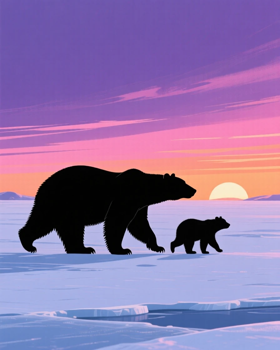 A polar bear and her cub walking together across a vast ice field.