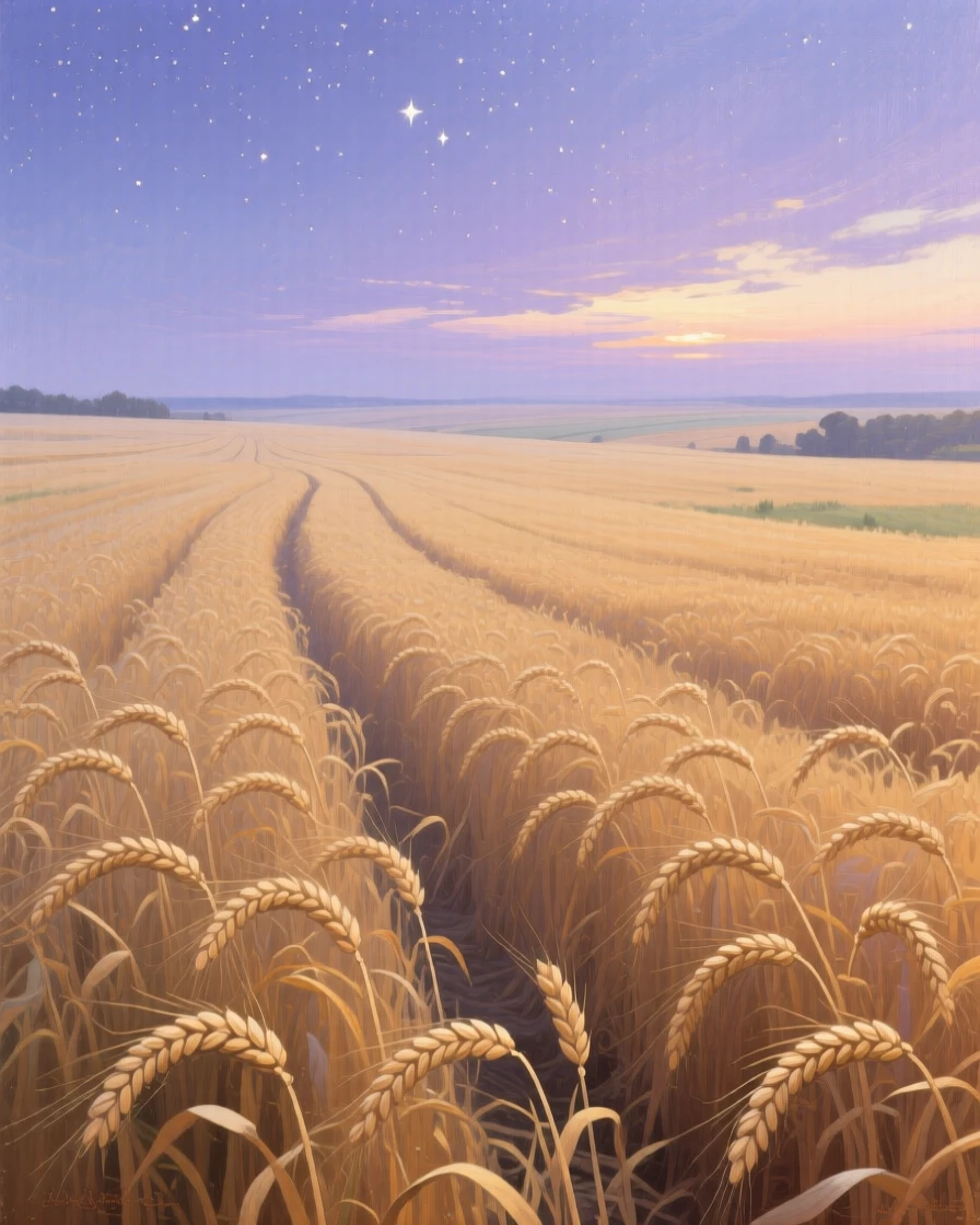 An aerial view of a wheat field swaying gently under an open sky, in early morning light, under a canopy of stars.