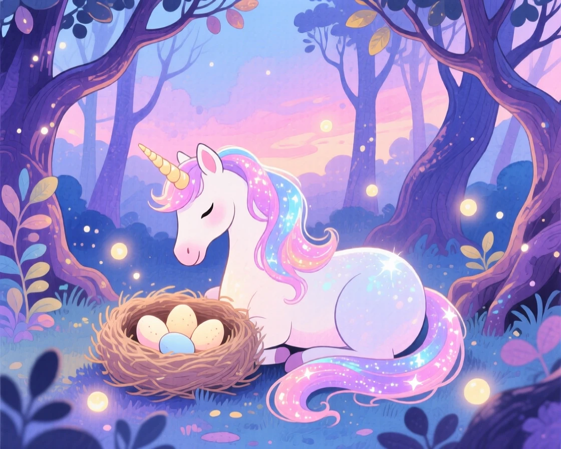 A shimmering unicorn curling protectively around a nest of glowing eggs, in an enchanted forest at twilight, radiating gentle magic and wonder.