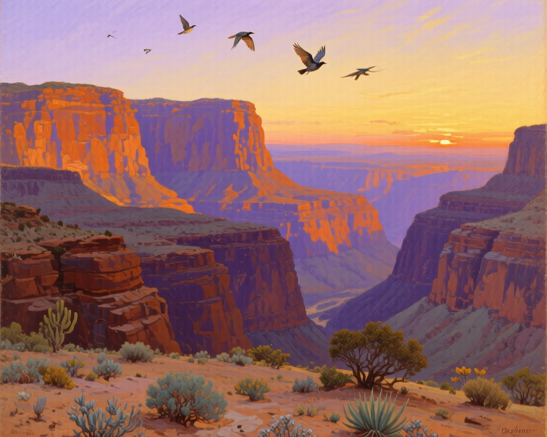 A vast canyon at sunset with layered rock walls glowing orange and purple, as birds circle gracefully overhead, showing nature at its most breathtaking and unspoiled
