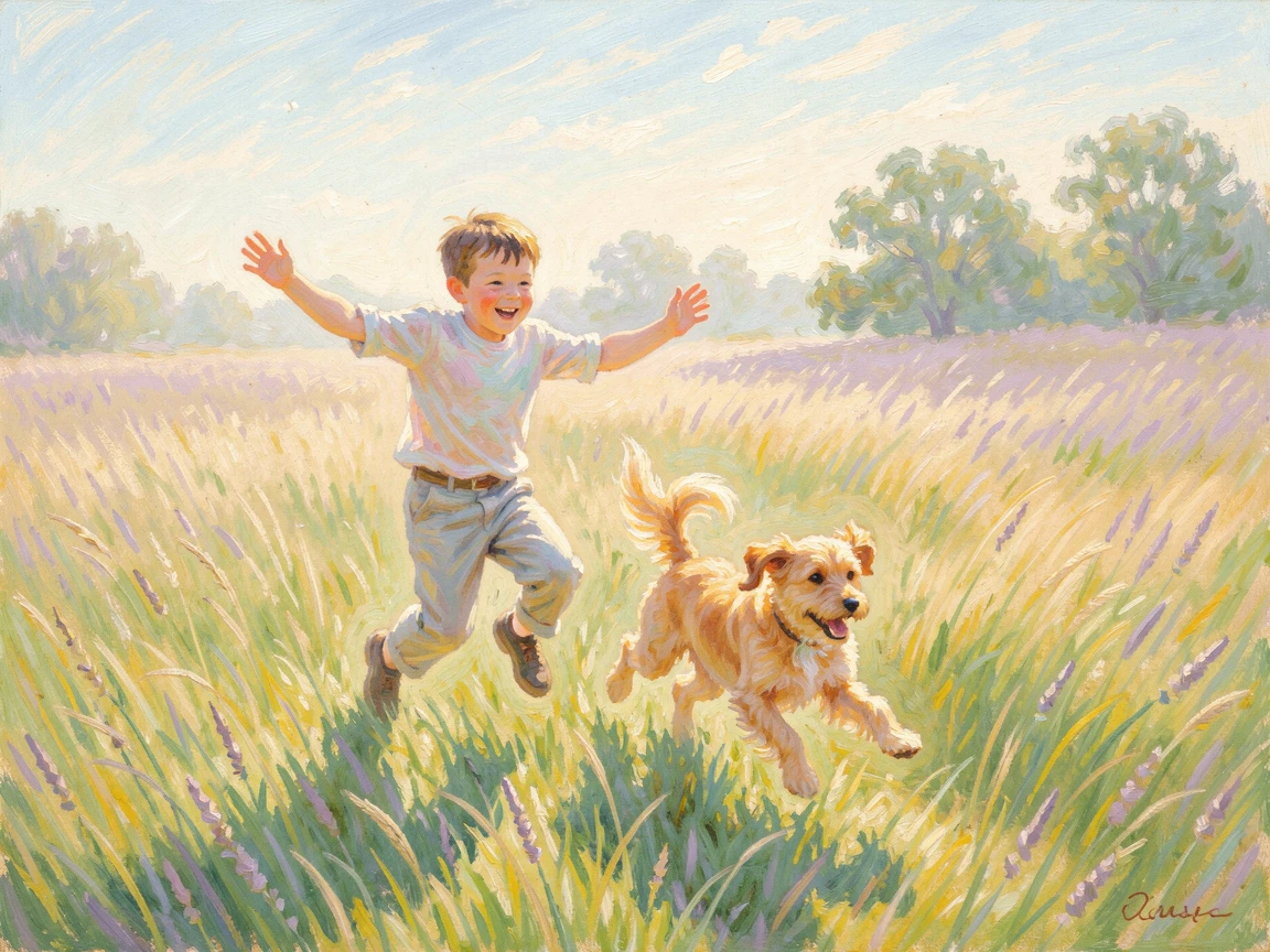 A little boy and his dog running through a field of tall grass, both caught mid-leap with joy.