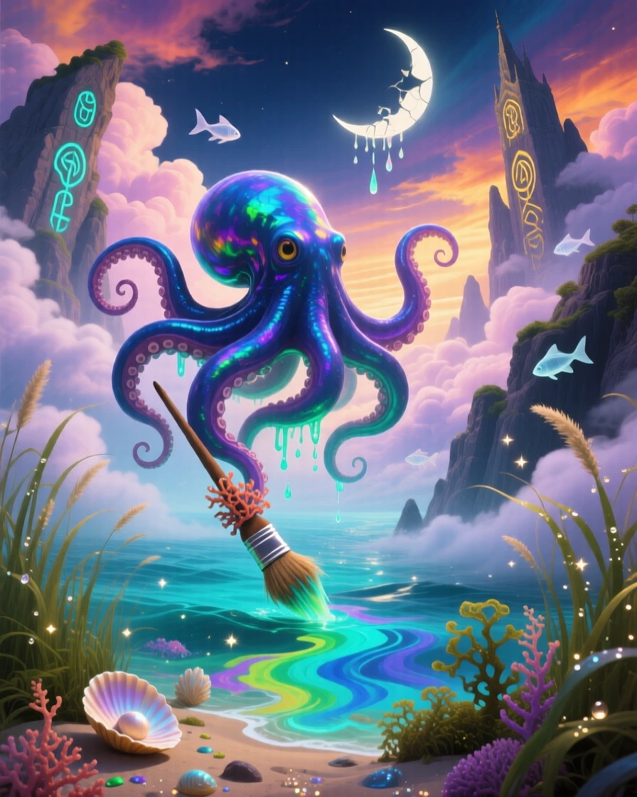 An octopus painting the ocean floor with each curling arm drifts weightlessly through a canyon of soft clouds, as the surrounding grass bends toward it in reverence.