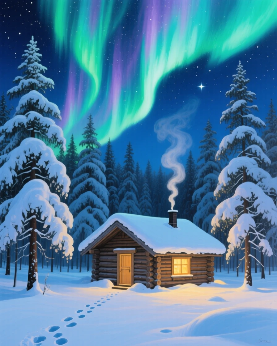 A snow-laden spruce forest in Lapland glows under the shifting green curtains of the aurora borealis, a wooden cabin with a lit window nestled among the trees, smoke curling from its chimney.