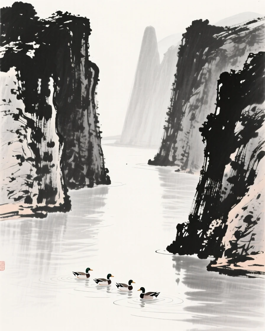 a slow river reflecting the surrounding cliffs, with wild ducks gliding across its surface.