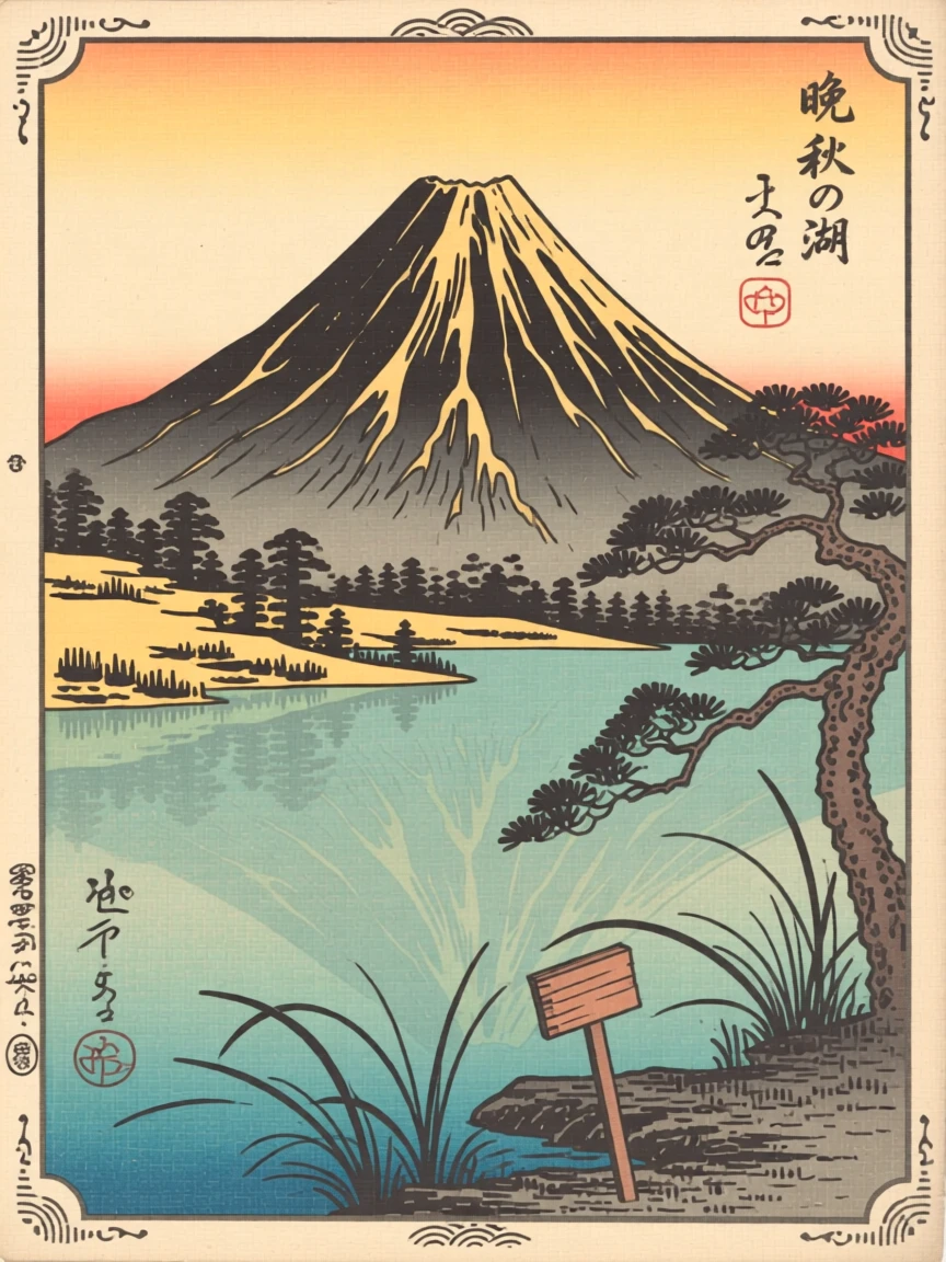 A jagged volcanic cone, overlooking a still alpine lake, in golden late-afternoon light.
