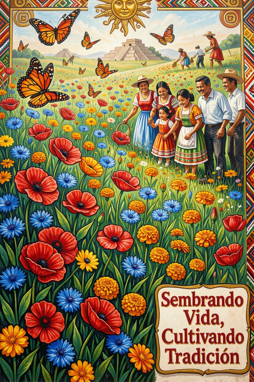 A wildflower meadow with butterflies drifting among blossoms