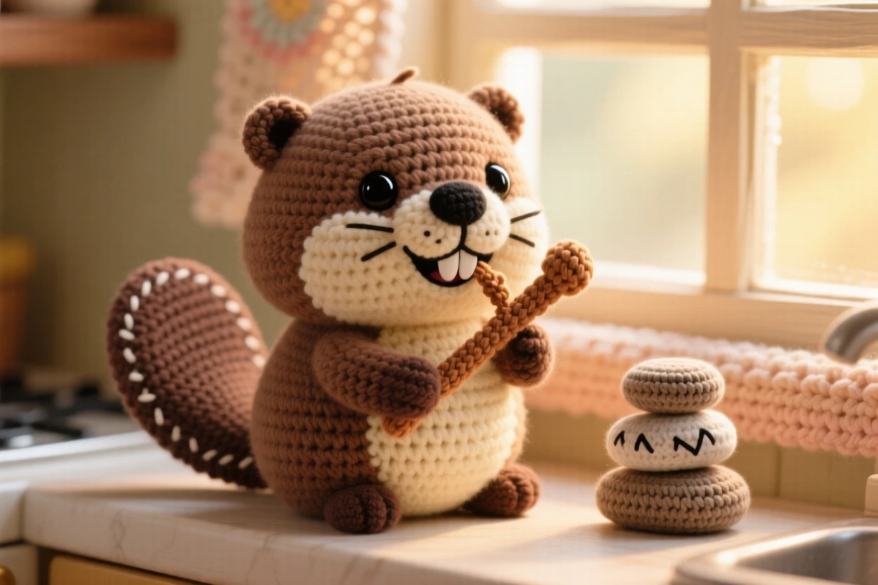 a plump baby beaver with a flat paddle tail and buck teeth is shown gnawing happily on a small stick within a warm kitchen windowsill with morning light streaming in, accompanied by a few pebbles stacked in a small pile, capturing warm affection and comfortable belonging.