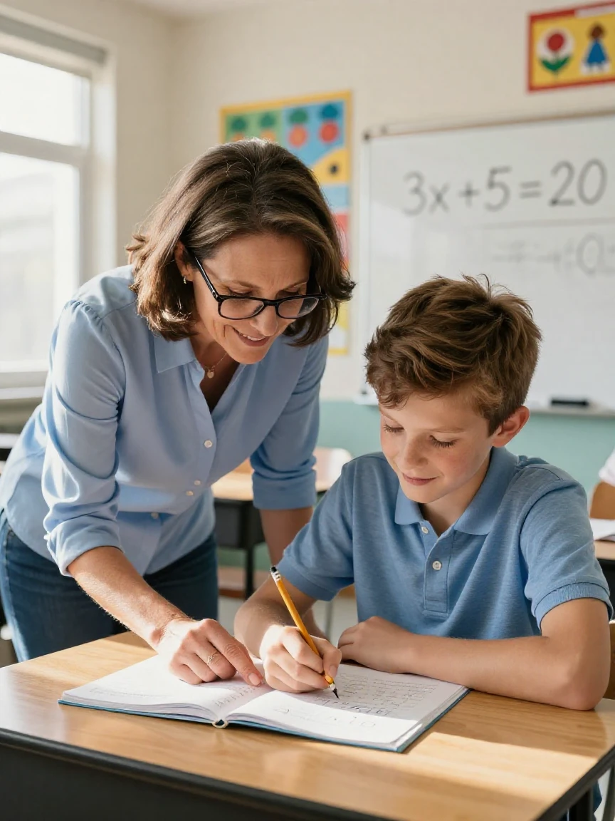 A teacher helping a shy student solve a math problem