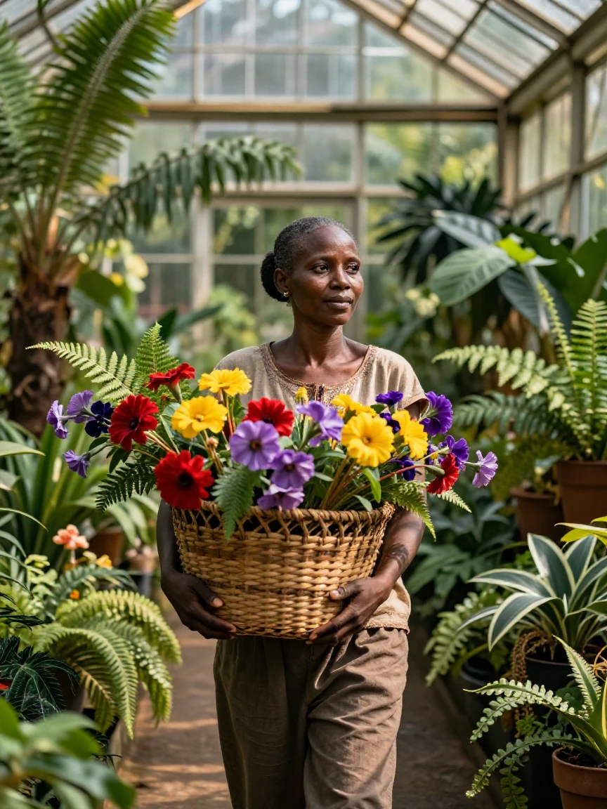 A middle-aged Ethiopian woman carrying a basket of fresh flowers inside a sunlit greenhouse full of ferns