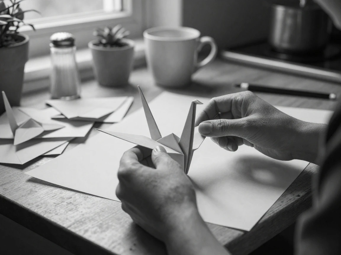 An origami artist folds paper into a delicate crane at a paper-covered kitchen table.