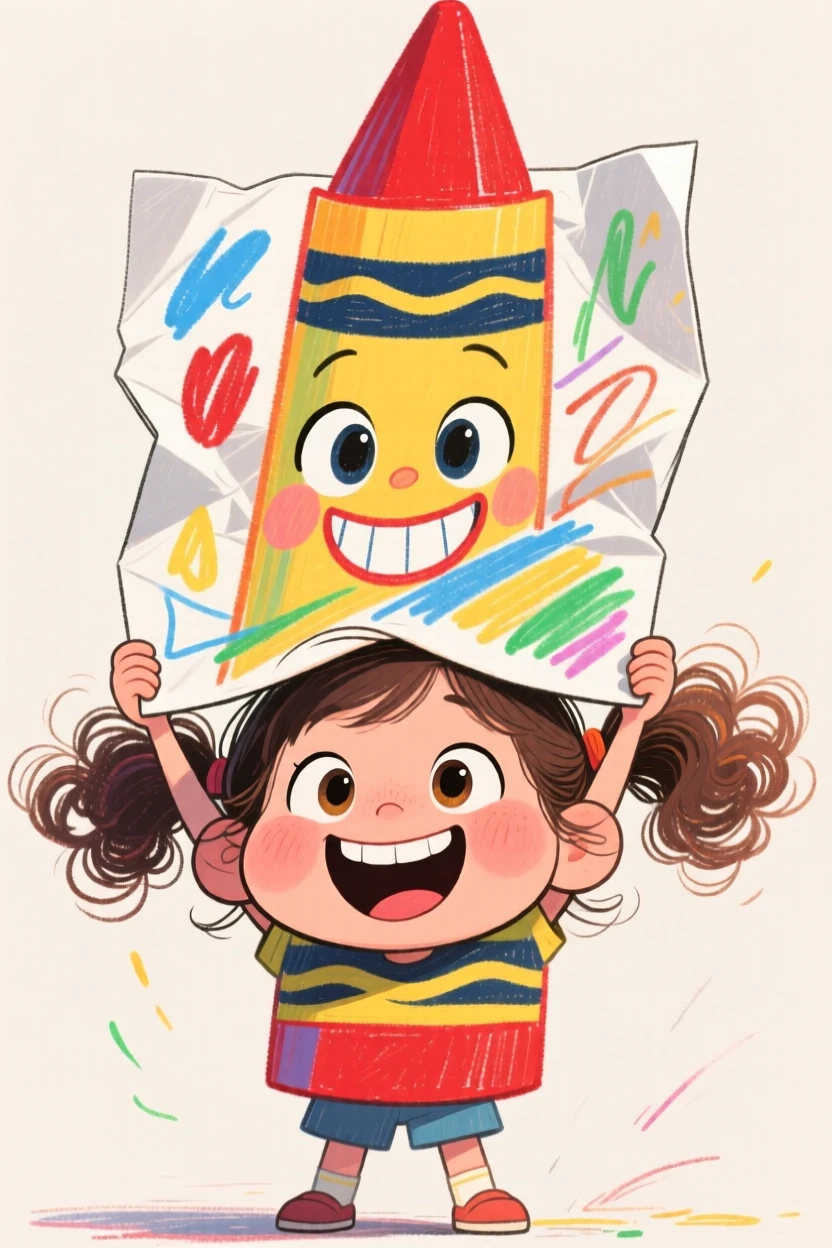 A little girl proudly holding up a crayon drawing bigger than her whole body.