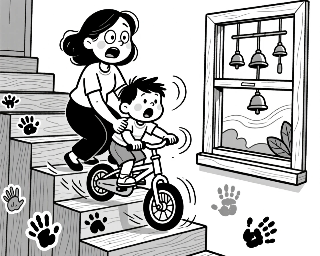 A mother balancing a toddler on her hip, wobbling on training wheels for the first time, set on a squeaky staircase decorated with handprint art. A wind chime sways gently just outside the window. It's a small, ordinary moment that feels quietly precious.