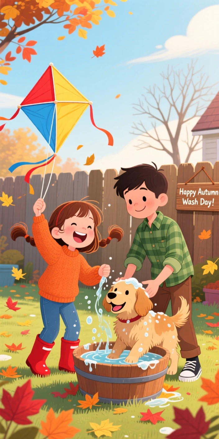 A girl with a kite laughs while washing a happy dog in the backyard together with her older brother, as autumn leaves swirl around them.