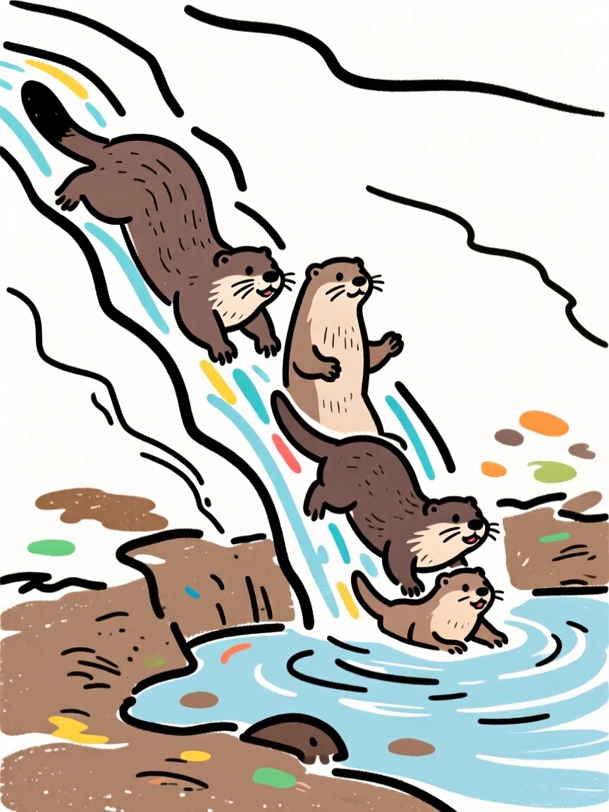 A family of otters sliding down a muddy riverbank into the water.