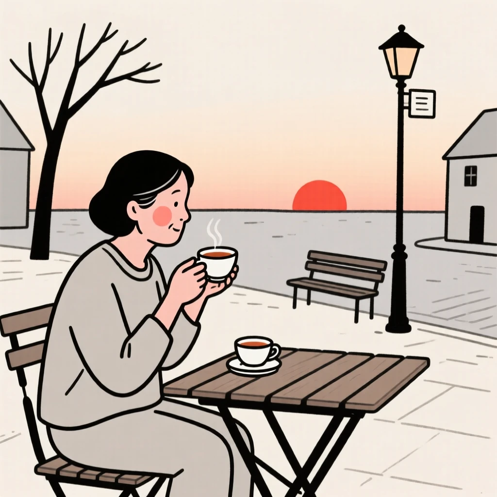 A middle-aged woman savoring a quiet cup of tea, on a village square at dusk.