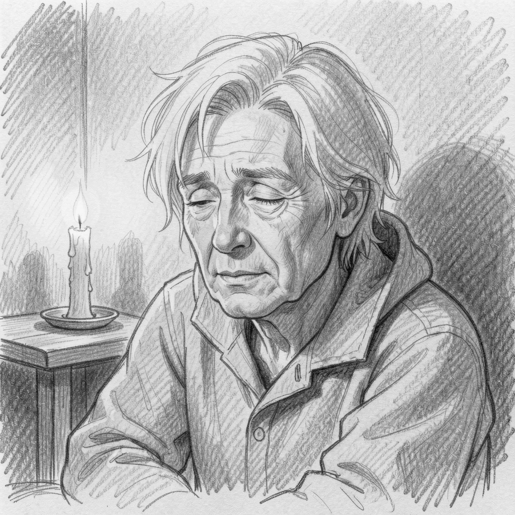 Intimate close-up of a weary but hopeful traveler in a candlelit room, eyes closed in quiet contemplation.