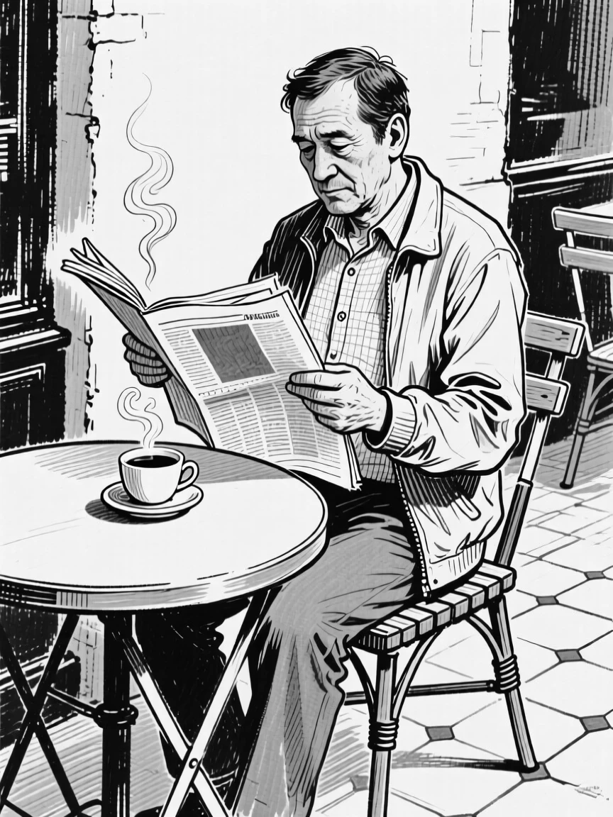 A man reading a newspaper at a small café table, a cup of coffee steaming beside him.